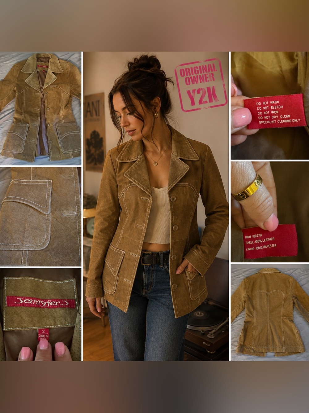 Y2K Jennifer J 100% Leather Suede Suede Jacket Brown Contrast Stitch S